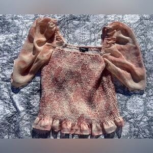 Express Pink & White Smocked Puff Sleeve Blouse